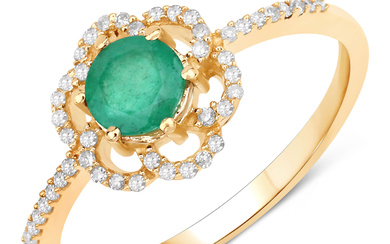 14KT Yellow Gold 0.55ctw Zambian Emerald and White Diamond Ring