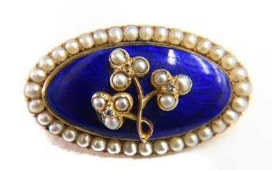 14k Yellow Gold Blue Guilloche Enamel and Seed Pearl and Old Mine Diamond Brooch