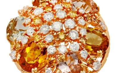 14k Yellow & Rose Gold 16.55ct Aquamarine, Morganite & Yellow Beryl 3.55ct Diamond Ring