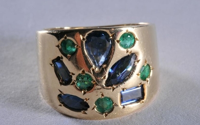 14k yellow gold hand-made sapphire and emerald ring.