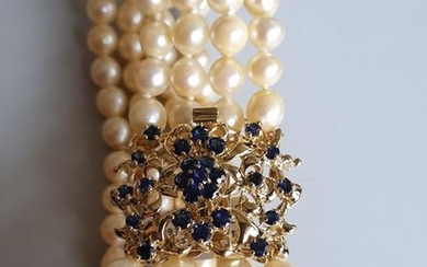 18 kt. Akoya pearl, Yellow gold - Bracelet - 2.60 ct Sapphire - Pearls