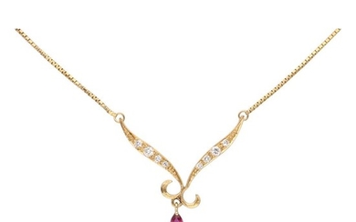 18 kt. Gold - Necklace - 0.20 ct Diamond - Ruby