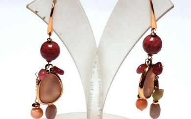 18 kt. Pink gold - Earrings - Tourmaline, Chalcedony, Rhodolite, Agate