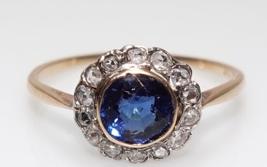 18 kt. Silver, Yellow gold - Ring, small size 53-54 / 17.05 mm Verneuil sapphire 0.80 ct. - 14 diamond roses 0.35 ct.