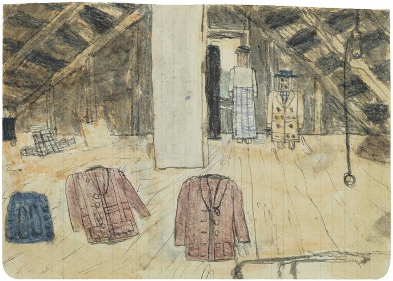 James Castle (1899-1977), Untitled (Attic Scene with Abstracted Figures and Clothes)