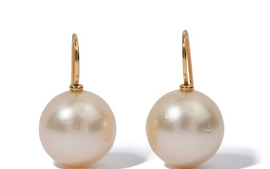 18K YELLOW GOLD PEARL EARRINGS, 7.30 dwt., .00ct.TW ROUND PEARL...