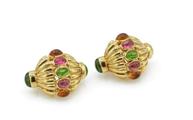 18K YG Multi Colored Gemstone Cabochon Clip Earrings