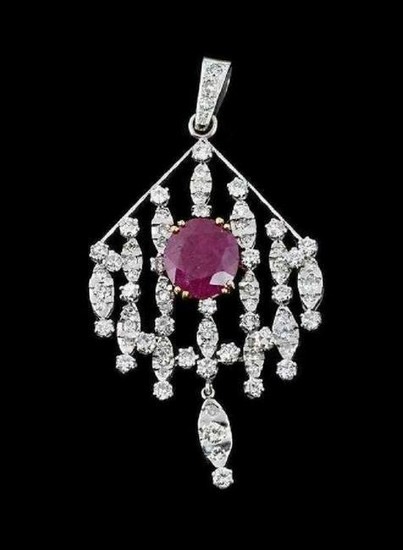 18KT WHITE GOLD DIAMOND AND RUBY PENDANT