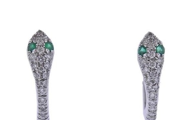 18k Gold Diamond Emerald Snake Hoop Earrings