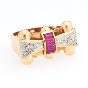 18k Retro Diamond & Synthetic Ruby Cocktail Ring