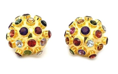 18k Sputnik Multicolor Gems Yellow Gold Dome Post Clip Huggie Earrings