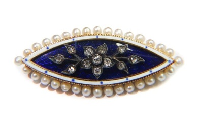 18k Yellow Gold Guilloche Enamel Seed Pearl and Old Mine Cut Mouring Brooch.