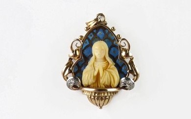 18k gold, diamond tips and enamel - Devotional pendant - Art Deco