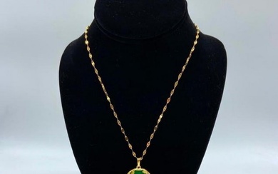 18kt GP Necklace With a Chinese Green Jade Dragon and Phoenix Pendant