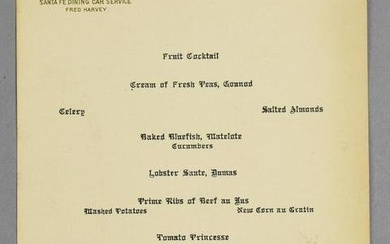 1917 Fred Harvey Santa Fe Railroad Dining Car Menu