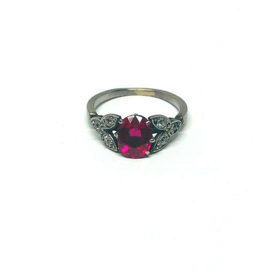 1950’s Platinum Ruby Rose Cut Diamond Ring Flower