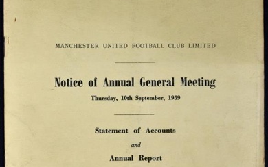 1959 MANCHESTER UTD STATEMENT OF ACCOUNTS AND ANNUAL REPORT DATED 31 MAY 1959 MEETING HELD ON 10 SEPTEMBER 1959 THE DIRECTORS REPORT CARRIES A TRIBUTE