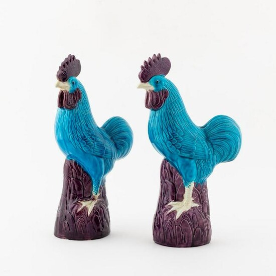 19TH / 20TH C. PR TURQUOISE & AUBERGINE ROOSTERS