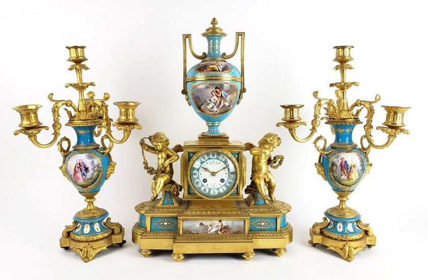 19th C. French Sevres Jewelled Porcelain & Gilt Bronze
