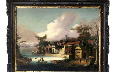 19th C. Rare Chinese Oil on Canvas "Pearl River"
