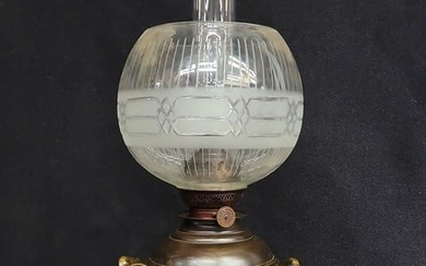 19th Century Cast Bronze Oil Lamp not electrified with antique cut glass shade. All glass in good