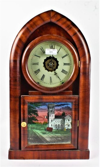 19th century American rosewood cased mantel clock, of lancet form, the circular dial with black