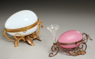 (2) French Opaline glass, bronze egg boxes