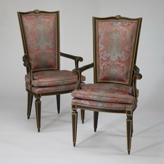 (2) Hollywood Regency silk upholstered armchairs