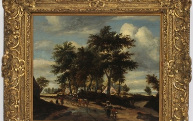 ATTRIBUTED TO MEINDERT HOBBEMA DUTCH OIL ON WOOD PANEL 17TH C. 17 21 LANDSCAPE WITH VILLAGERS