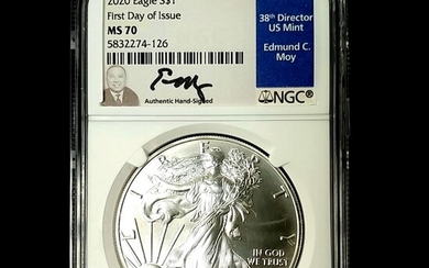 2020 SILVER EAGLE NGC MS70 FDI TYPE 1 Moy Signed