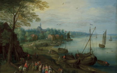 Attributed to Théobald Michau (Tournai 1676-1765 Antwerp), A river landscape with boats and figures on a path