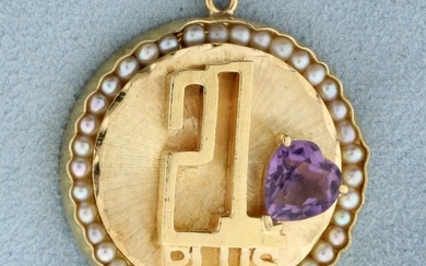 21 Plus Amethyst and Pearl Heart Pendant in 14K Yellow Gold