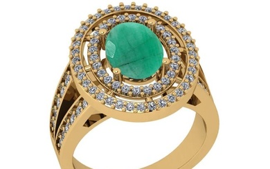 2.67 Ctw SI2/I1 Emerald And Diamond 14K Yellow Gold two Row Engagement Halo Ring