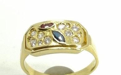 18 kt. Gold - Ring - 0.06 ct Sapphire - Diamonds
