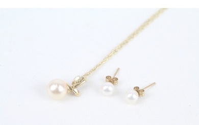 2x 9ct gold cultured pearl foliate pendant necklace & stud e...