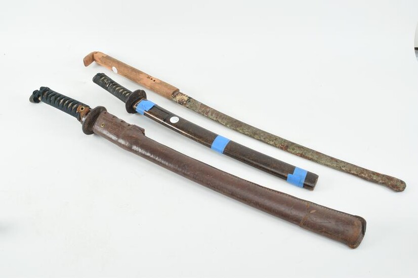 3 Japanese swords. 1) Sword with thick leather