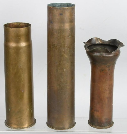 3 WWI TRENCH ART SHELLS WITH DECORATIONS