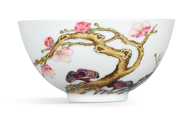 A FINE AND EXCEPTIONAL FAMILLE-ROSE 'PRUNUS AND LINGZHI' BOWL MARK AND PERIOD OF YONGZHENG