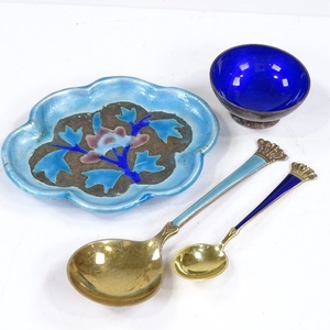 4 pieces of enamelled silver, including pin tray, silver-gil...