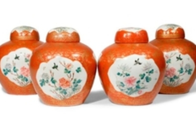 FOUR CHINESE FAMILLE ROSE OVOID JARS AND COVERS 19…