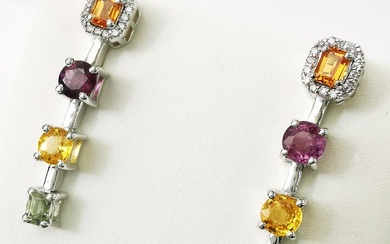 4.12 ct multi-color sapphires & 0.32 ct very light pink diamonds designer earrings - 14 kt. White gold - Earrings Sapphire - Diamonds, AIG Lab Report