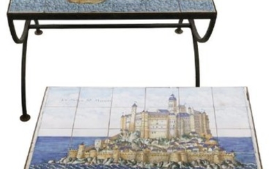 (2) SCENIC TILE TOP WROUGHT IRON TABLES