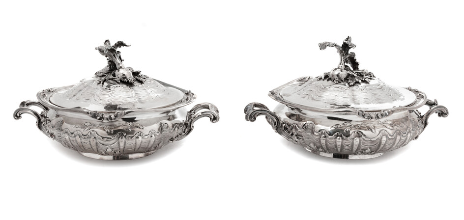 A Pair of French Silver Double Handled Covered Tureens