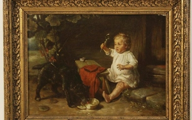 19TH C. O/C PAINTING OF YOUNG CHILD WITH DOG