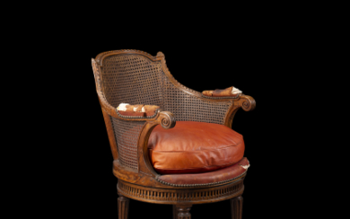 A barber chair with leather upholstered rotatable sit. Stamped P. Bernard. France, 18th century (defects and restorations)
