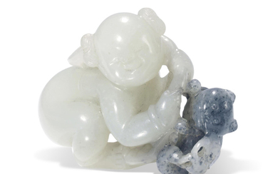 A CARVED AND PIERCED WHITE AND GREY JADE 'BOY AND CAT' GROUP, 18TH CENTURY