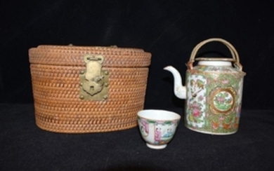 Chinese Rose Medallion Teapot & Cup in Basket