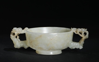 Chinese White Jade Carved Double Handled Cup, Ming