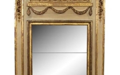 A Continental Neoclassical Carved, Painted and Parcel Gilt Overmantle Mirror