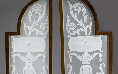 (2) Early 20th c. frosted arched glass panels, 33"h